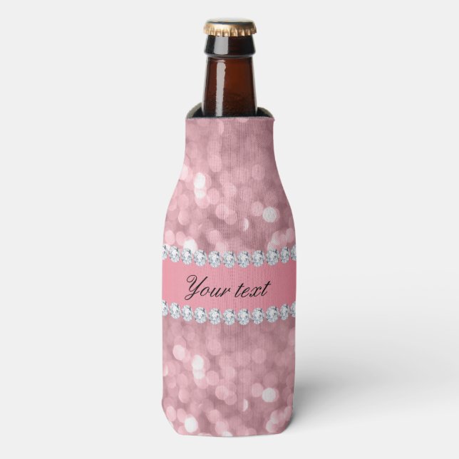 Pink Glitter Bokeh and Diamonds Personalized Bottle Cooler (Bottle Front)