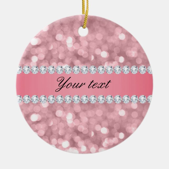 Pink Glitter Bokeh and Diamonds Personalized Ceramic Ornament (Front)