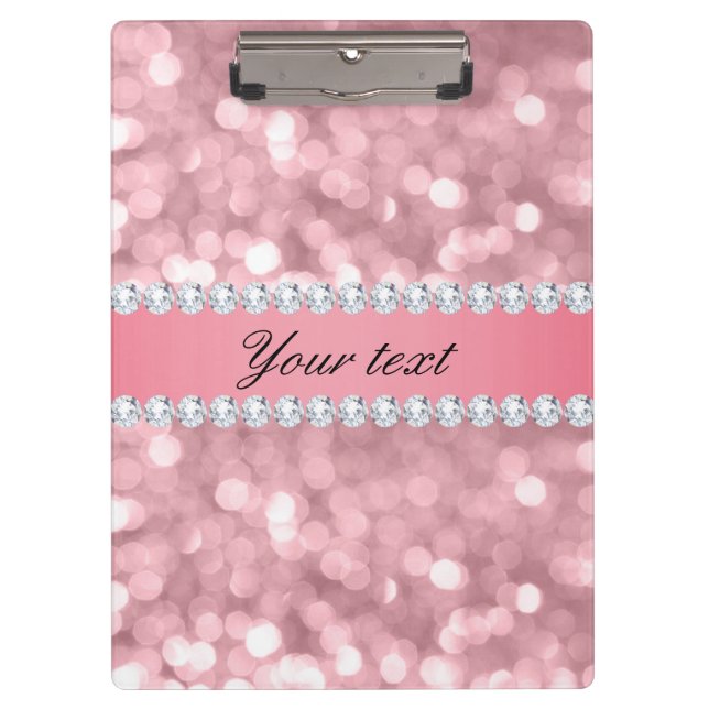 Pink Glitter Bokeh and Diamonds Personalized Clipboard (Front)
