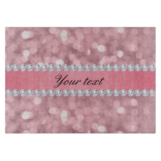 Pink Glitter Bokeh and Diamonds Personalized Cutting Board (Front)