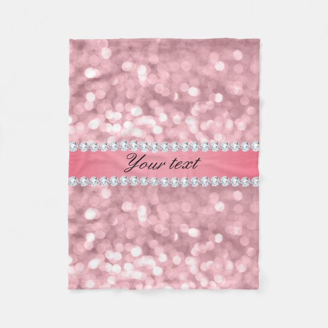 Pink Glitter Bokeh and Diamonds Personalized Fleece Blanket (Front)