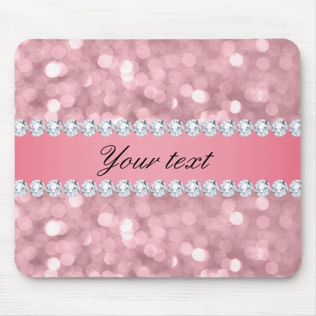 Pink Glitter Bokeh and Diamonds Personalized Mouse Pad (Front)