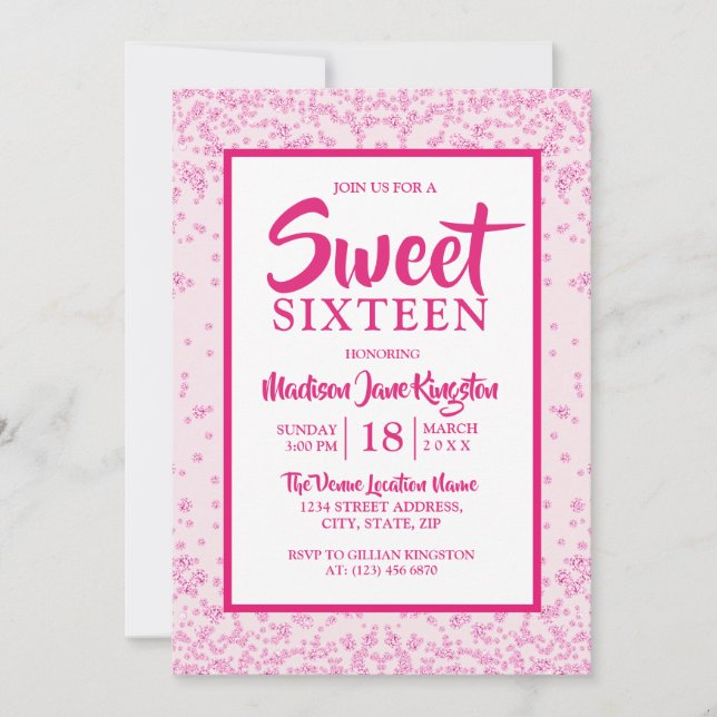 Pink Glitter Border Girly Sweet 16 Party Invite (Front)