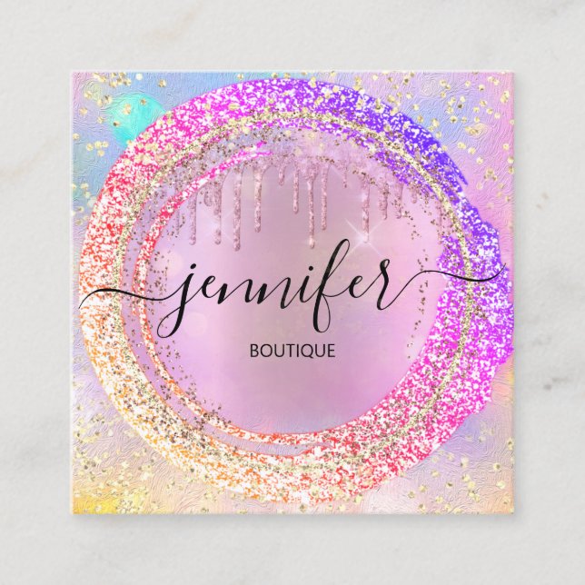 Pink Glitter Boutique Shop Drips Pink Holograph Square Business Card (Front)
