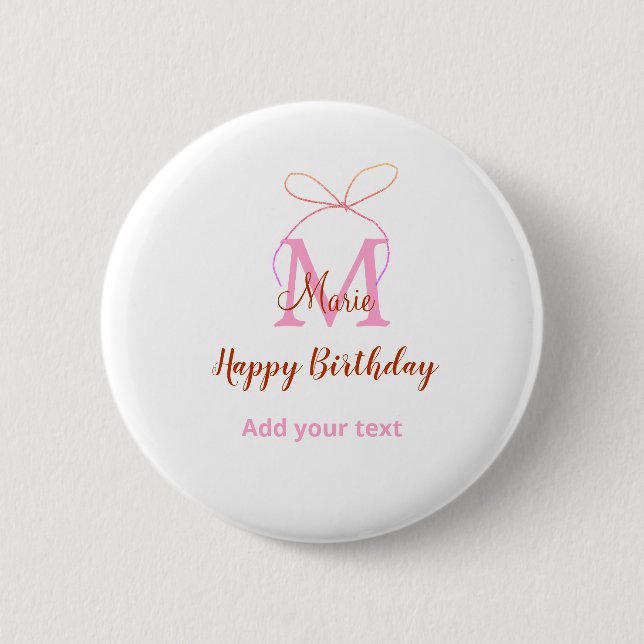 Pink glitter bow add name letter monogram birthday 2 inch round button (Front)