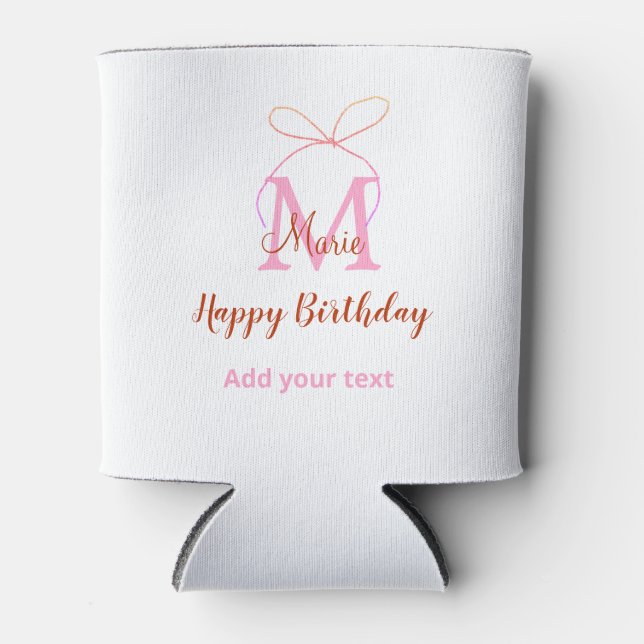 Pink glitter bow add name letter monogram birthday can cooler (Front)