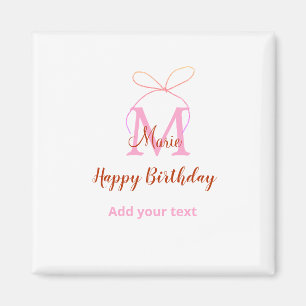 Pink glitter bow add name letter monogram birthday magnet
