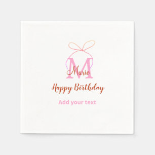 Pink glitter bow add name letter monogram birthday napkin