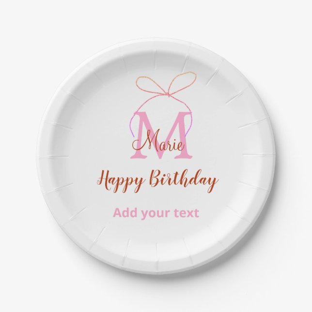 Pink glitter bow add name letter monogram birthday paper plate (Front)