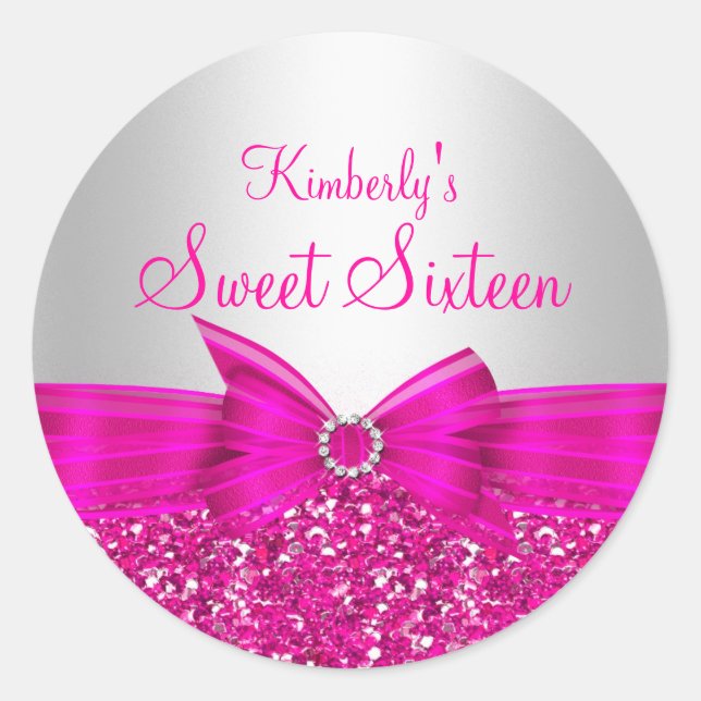 Pink Glitter & Bow Sweet Sixteen Sticker (Front)