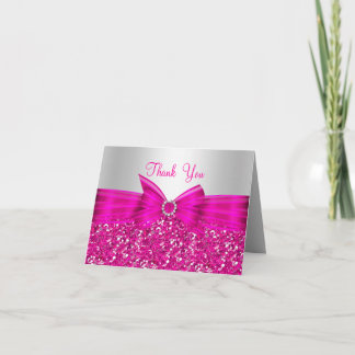 Pink Glitter & Bow Thank You Card
