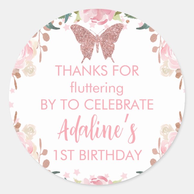 Pink glitter Butterfly Birthday  Classic Round Sticker (Front)