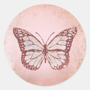 pink glitter butterfly classic round sticker