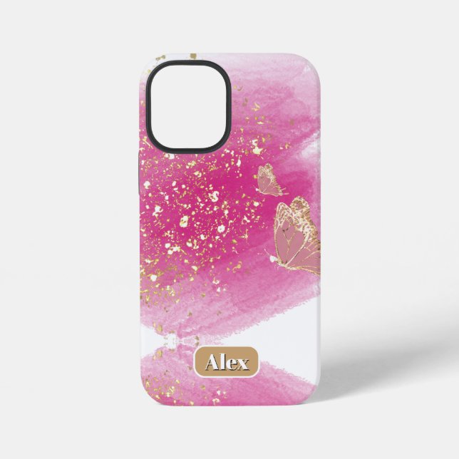 Pink glitter, butterfly  & personalize name  iPhone case (Back)