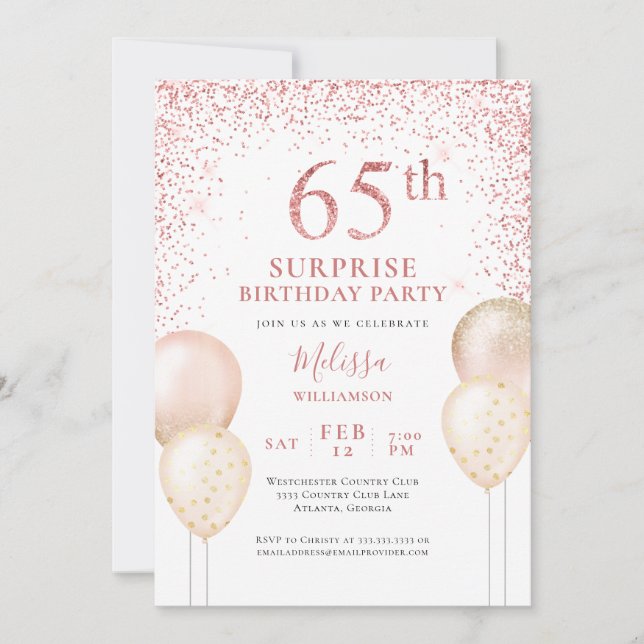 Pink Glitter Calligraphy Surprise 65th Birthday Invitation (Front)