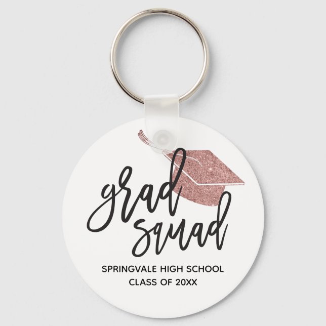 Pink Glitter Cap Grad Squad Graduation Keepsake Keychain (Front)