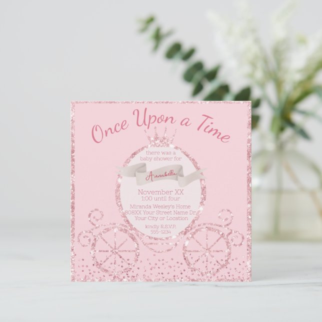 Pink Glitter Carriage Fairy Tale Baby Shower Invitation (Standing Front)