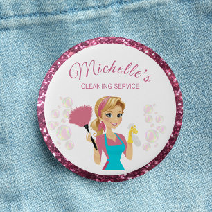 Pink Glitter Cartoon Maid House Cleaning Service 1 Inch Round Button