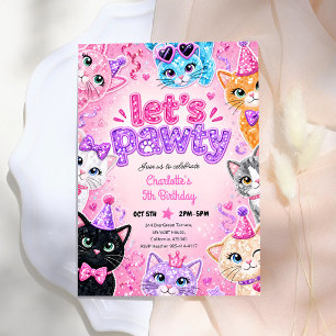 Pink Glitter Cat Pawty 5th Birthday Invitation