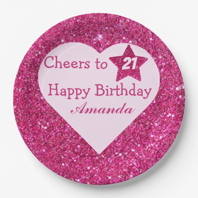 Pink glitter Cheers to 21 Heart Happy Birthday Paper Plate (Front)