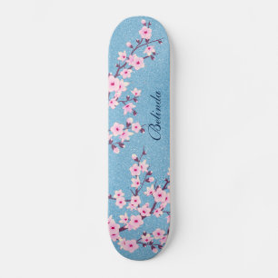 Pink Glitter Cherry Blossom Monogram Girly Skateboard