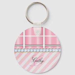 Pink Glitter Chevron Plaid Rhinestones Personalize Keychain