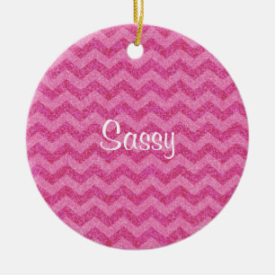 pink glitter chevron zig zag sparkles ceramic ornament