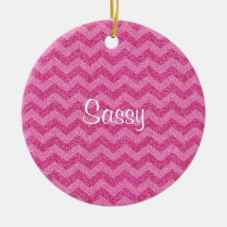 pink glitter chevron zig zag sparkles ceramic ornament