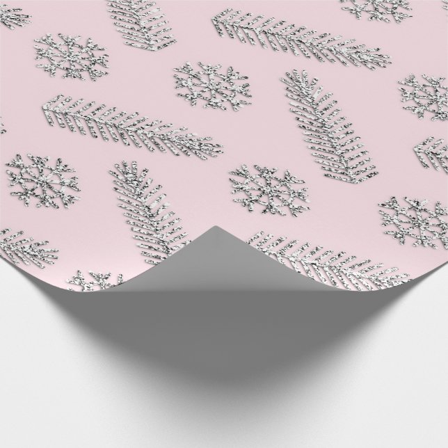 Pink Glitter Christmas Tree Holidays Snowflakes Wrapping Paper (Corner)