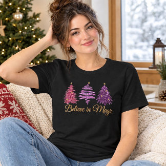 Pink Glitter Christmas Trees Believe In Magic Gold Tri-Blend Shirt