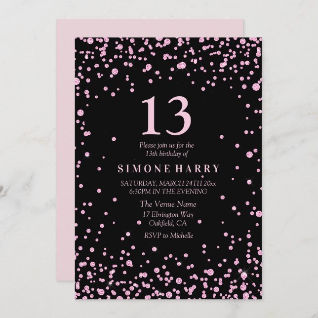 Pink Glitter Confetti 13th Birthday Party Invite (Front/Back)