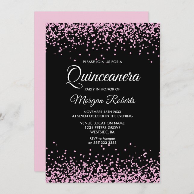 Pink Glitter Confetti Black Quinceanera Invite (Front/Back)