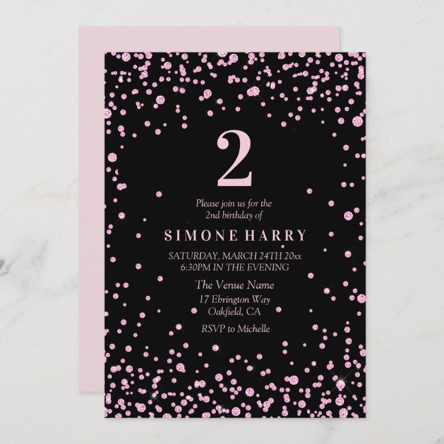 Pink Glitter Confetti Girls 2nd Birthday Invite (Front/Back)