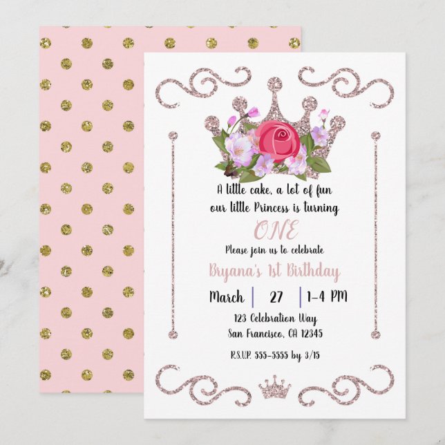 Pink Glitter Crown Floral ONE 1st Birthday Party Invitation (Front/Back)