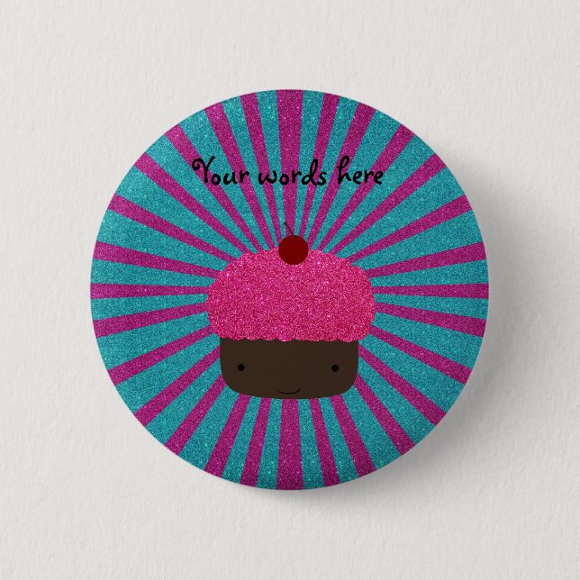Pink glitter cupcake glitter sunburst 2 inch round button (Front)