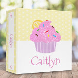 Pink Glitter Cupcake on Yellow with Hearts Name Binder<br><div class="desc">Here’s a wonderful way to make back to school fun. Surprise her with this cute, chic, simple, modern, custom name school binder. A sweet, sparkly, girly, whimsical pink cupcake and fun typography overlay a white heart pattern and light pastel lemon yellow background. Small, cute pink hearts adorn the spine and...</div>