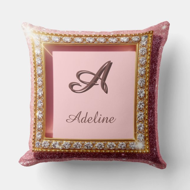 Pink Glitter Custom name Monogram Throw Pillow (Front)