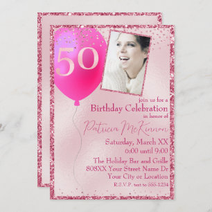 Pink Glitter Custom Photo 50th Birthday Invitation