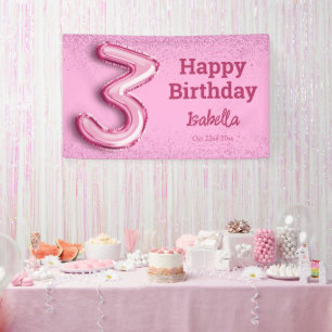 Pink glitter cute balloon no.3 girly 3rd birthday banner