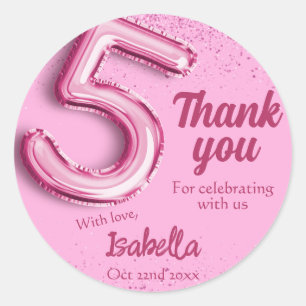 Pink glitter cute balloon no.5 girly 5th birthday classic round sticker