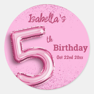 Pink glitter cute balloon no.5 girly 5th birthday classic round sticker