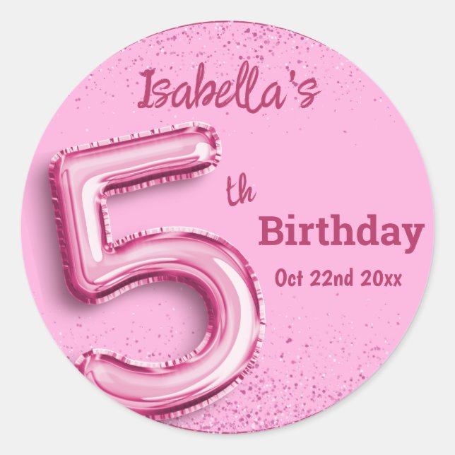 Pink glitter cute balloon no.5 girly 5th birthday classic round sticker (Front)