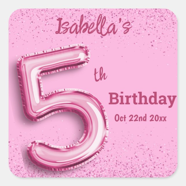 Pink glitter cute balloon no.5 girly 5th birthday square sticker (Front)