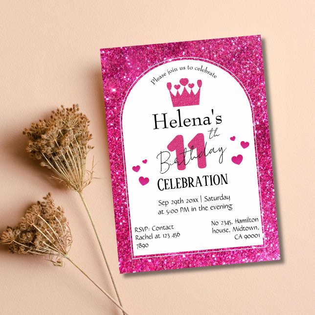 Pink glitter cute vibrant sparkling 11th birthday invitation (Creator Uploaded)