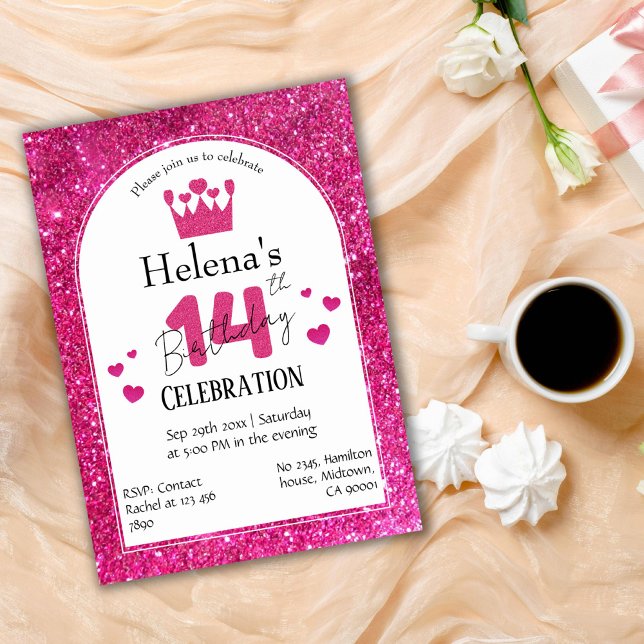 Pink glitter cute vibrant sparkling 14th birthday invitation (Creator Uploaded)