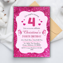 Pink glitter cute vibrant sparkling 4th birthday