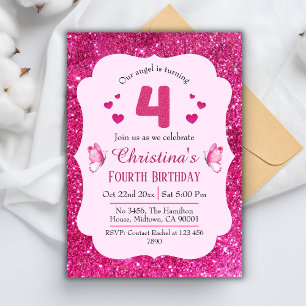 Pink glitter cute vibrant sparkling 4th birthday invitation