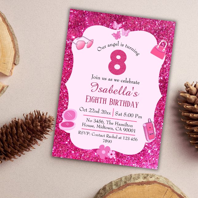 Pink glitter cute vibrant sparkling 8th birthday invitation (Creator Uploaded)
