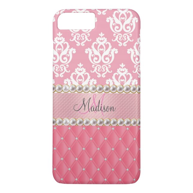 Pink Glitter, Damask, tufted with faux rhinestones Case-Mate iPhone Case (Back)