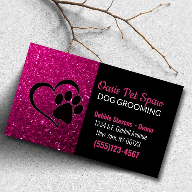 Pink Glitter Design Dog Pet Grooming Service Business Card (Creator Uploaded)